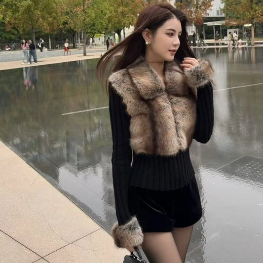 knitted cardigan with faux fur collar