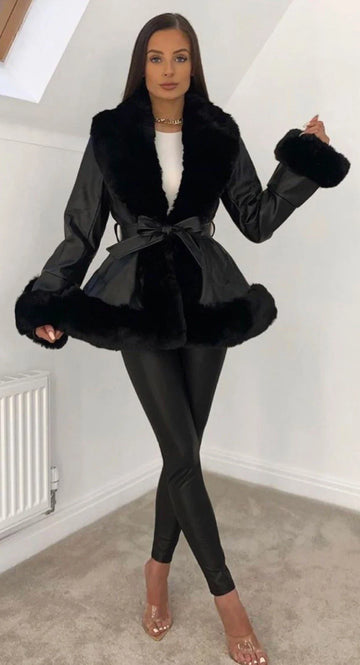 Faux Leather & Fur Swing Warm Coat